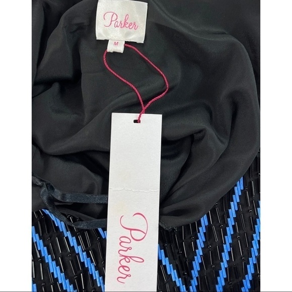 $396 NWT Parker Sz M Black Blue Silk Hourglass Chevron Beaded Mini Dress NEW - Picture 10 of 11
